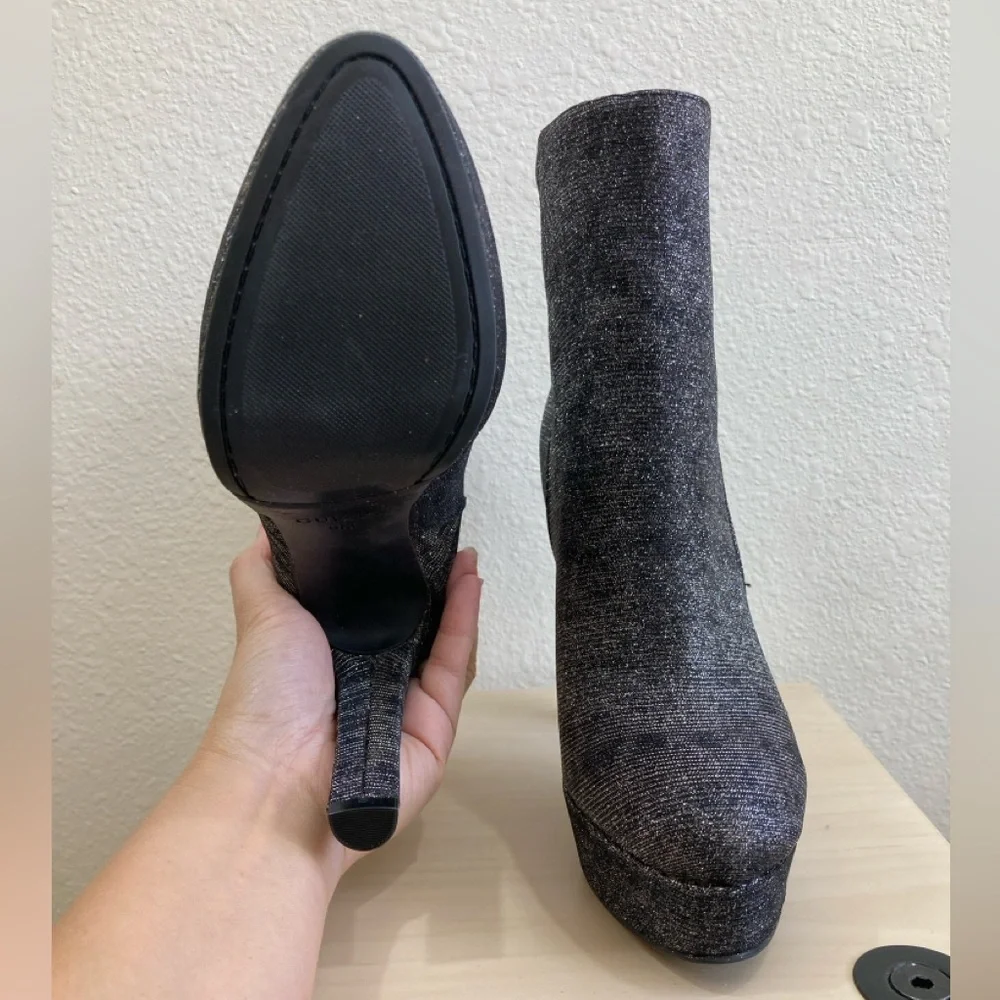 Guess Dejah Charcoal Glitter Platform Booties Side Zip High Heel Size 6